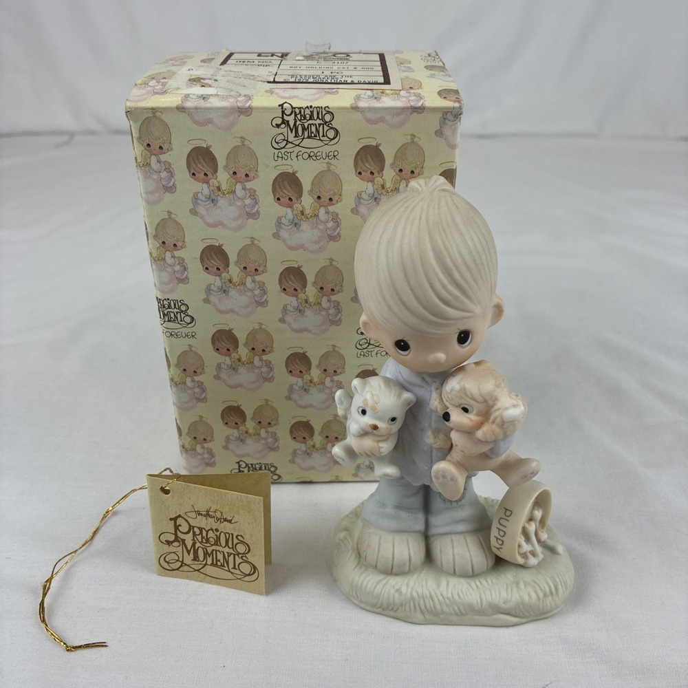 Precious Moments Blessed Are The Peacemakers Boy Cat Dog Figurine E-3107 1979 Bo